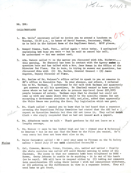 List of calls and messages received for Dwight Ink on July 12, 1963