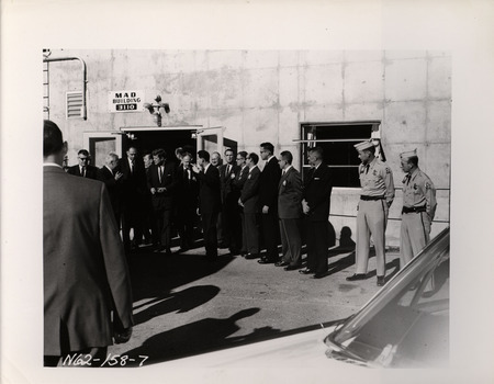 Photograph of President John F. Kennedy and others during his 1962 visit to Los Alamos National Laboratory