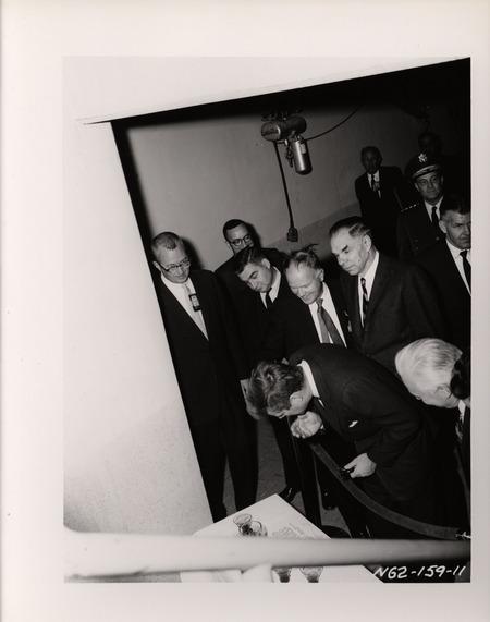 Photograph of President John F. Kennedy and others during his 1962 visit to Los Alamos National Laboratory