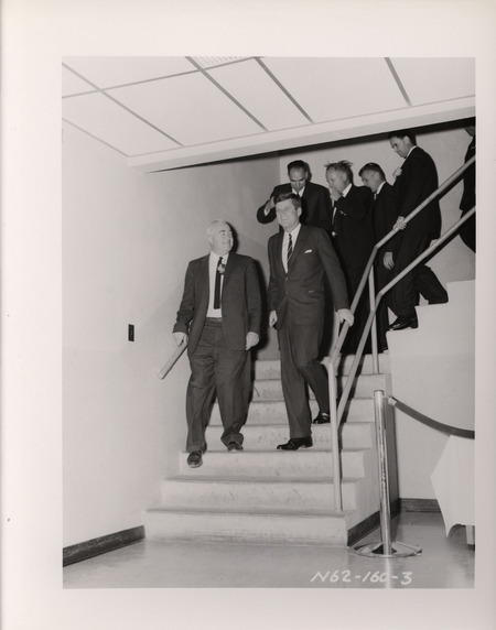 Photograph of President John F. Kennedy and others during his 1962 visit to Los Alamos National Laboratory
