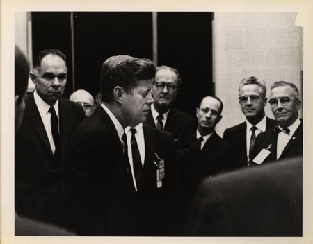 Photograph of President John F. Kennedy and others during his 1962 visit to Los Alamos National Laboratory
