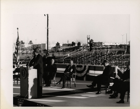 Photograph of President John F. Kennedy and others during his 1962 visit to Los Alamos National Laboratory