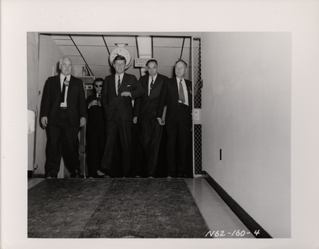 Photograph of President John F. Kennedy and others during his 1962 visit to Los Alamos National Laboratory