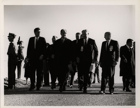 Photograph of President John F. Kennedy and others during his 1962 visit to Los Alamos National Laboratory