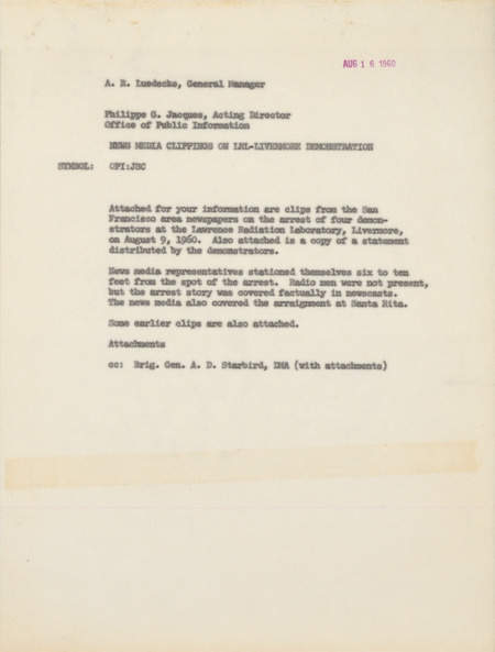 Philippe G. Jacques memorandum (carbon copy) to A. R. Luedecke regarding news media clippings on LRL-Livermore demonstration, August 16, 1960