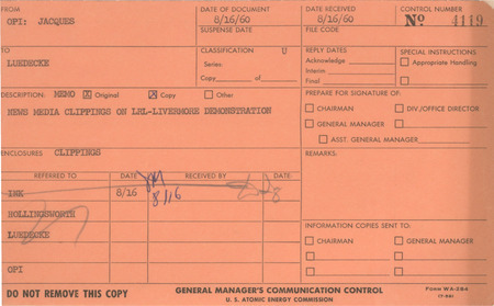 Routing card for a memo (original and copy) with enclosures from Jacques to Luedecke regarding news media clippings on LRL-Livermore demonstration, August 16, 1960