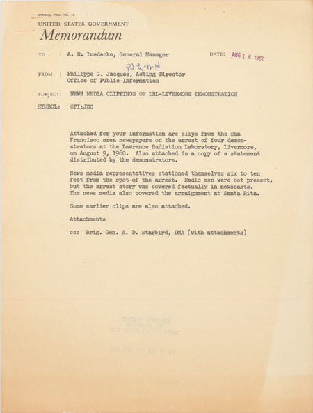 Philippe G. Jacques memorandum to A. R. Luedecke regarding news media clippings on LRL-Livermore demonstration, August 16, 1960