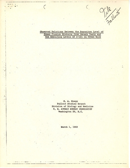 Annotation: "H.A. Knapp;Fallout Studies Branch;Division of Biology and Medicine;U.S. Atomic Energy Commission;Washington 25, D.C.;March 1, 1963"