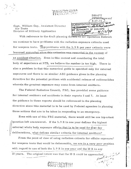 Confidential memorandum on radiation exposure criteria, April 17, 1974