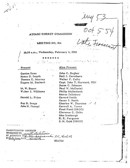 Annotation: "Atomic energy commission;Meeting no. 814;10:30 a.m., Wednesday, February 4, 1953"