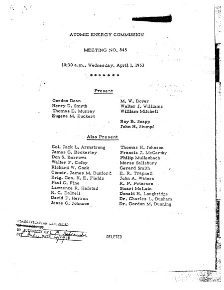 Annotation: "Atomic energy commission;Meeting no. 845;10:30 a.m., Wednesday, April 1, 1953"