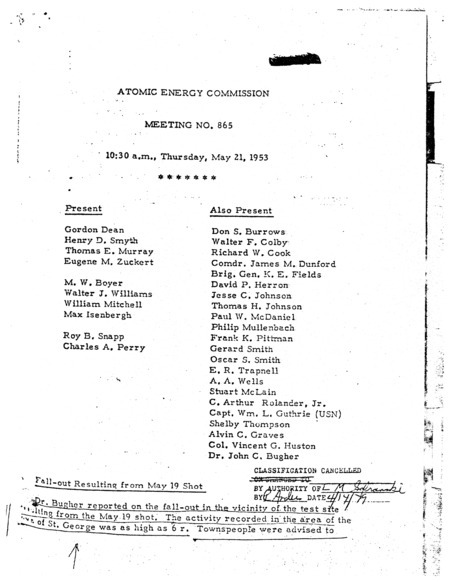 Annotation: "Atomic energy commission;Meeting no. 865;10:30 a.m., Thursday, May 21, 1953"