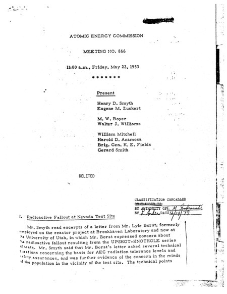 Annotation: "Atomic energy commission;Meeting no. 866;11:00 a.m., Friday, May 22, 1953"