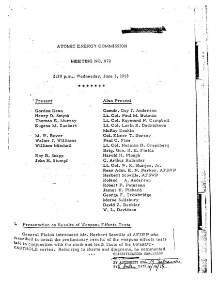 Annotation: "Atomic energy commission;Meeting no. 872;2:30 p.m., Wednesday, June 3, 1953"