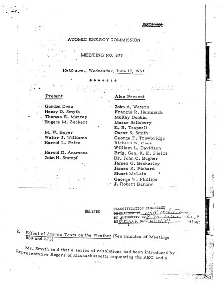 Annotation: "Atomic energy commission;Meeting no. 877;10:30 a.m., Wednesday, June 17, 1953"