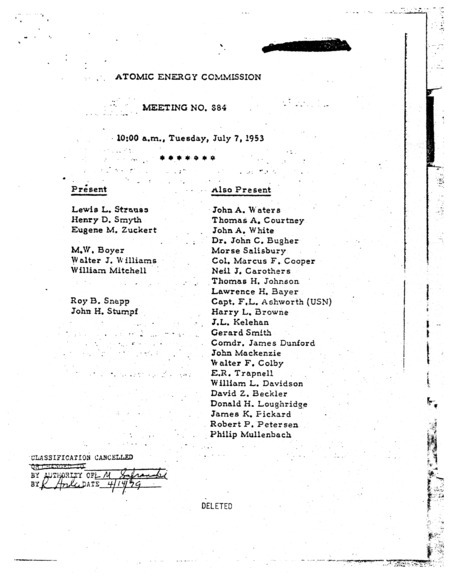 Annotation: "Atomic energy commission;Meeting no. 884;10:00 a.m., Tuesday, July 7, 1953"