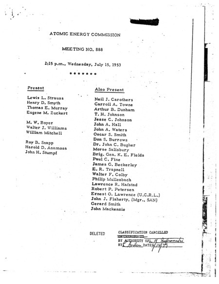 Annotation: "Atomic energy commission;Meeting no. 888;2:15 p.m., Wednesday, July 15, 1953"