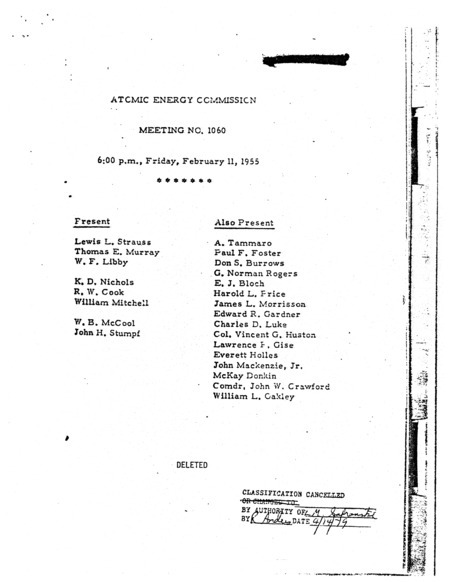 Annotation: "Atomic energy commission;Meeting no. 1060;6:00 p.m., Friday, February 11, 1955"