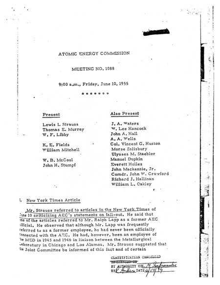 Annotation: "Atomic energy commission;Meeting no. 1088;9:00 a.m., Friday, June 10, 1955"