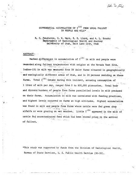 Differential accumulation of I-131 from local fallout in people and milk
