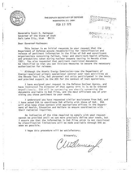 Letter to Scott M. Matheson, February 27, 1979