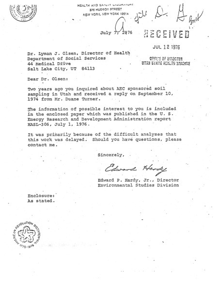 Edward P. Hardy letter to Lyman J. Olsen, July 7, 1976
