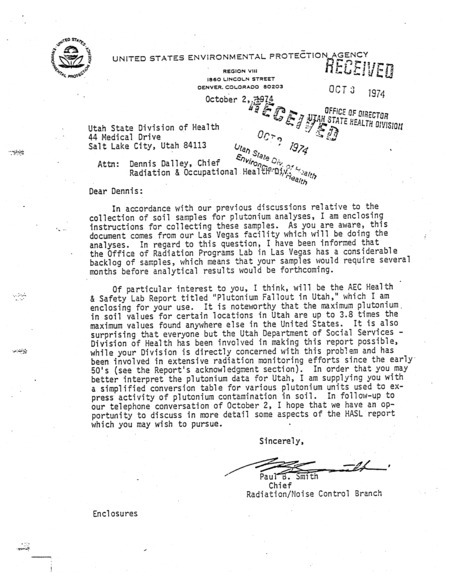 Paul B. Smith letter to Dennis Dalley, October 2, 1974
