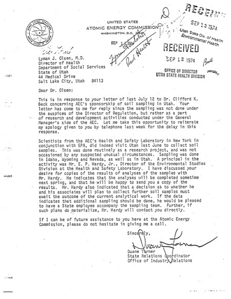 Duane Turner letter to Lyman J. Olsen, September 10, 1974