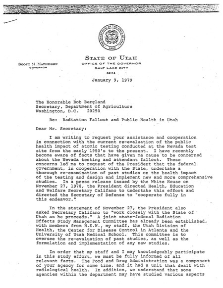 Scott M. Matheson letter to Bob Bergland, January 9, 1979