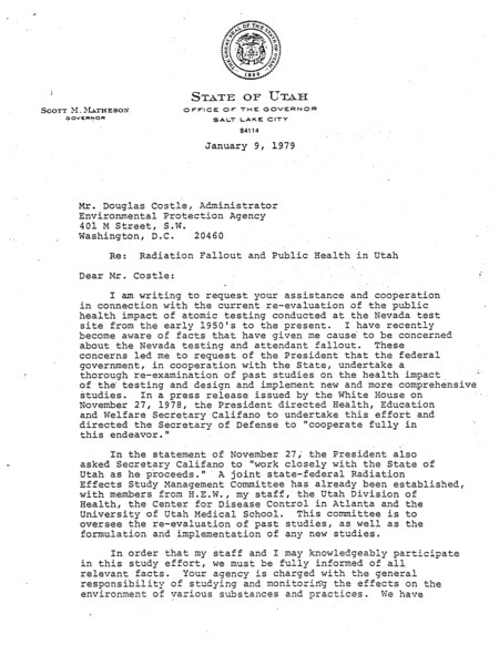 Scott M. Matheson letter to Douglas Costle, January 9, 1979
