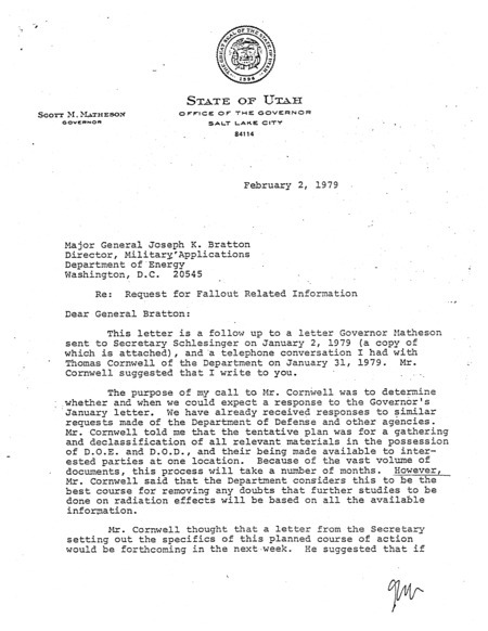 Scott M. Matheson letter to Joseph K. Bratton, February 2, 1979
