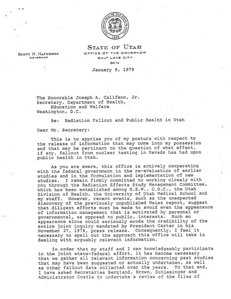 Scott M. Matheson letter to Joseph A. Califano, Jr., January 9, 1979