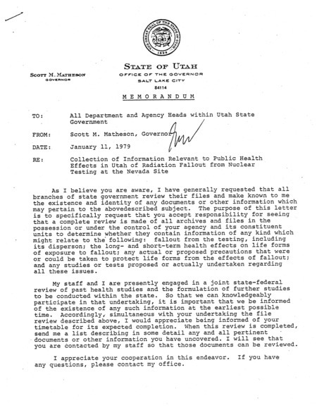 Scott M. Matheson memorandum to all department and agency heads within Utah state government, January 11, 1979