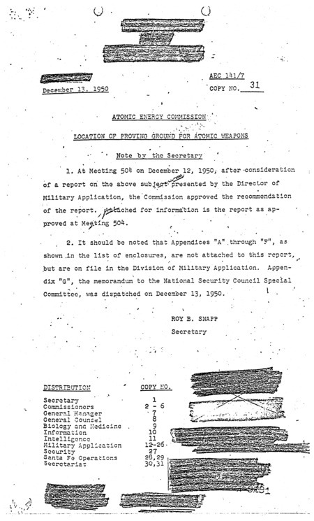 Atomic Energy Commission location of proving ground for atomic weapons, December 13, 1950