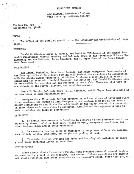 Annotation: Experiment Outline. Agricultural Experiment Station. Utah State Agricultural College. Project No. 423. Experiment No. 54-14