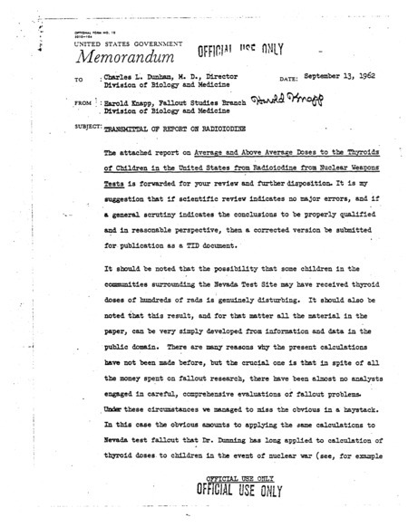 Annotation: Transmittal of report on radioiodine. Official use only