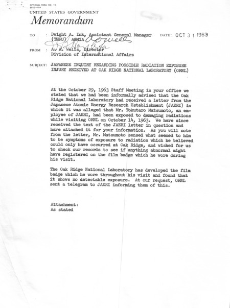 Annotation: Japanese inquiry regarding possible radiation exposure injury received at Oak Ridge National Laboratory (ORNL)