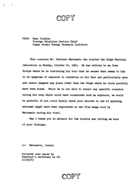 Annotation: Copy. Dictated over phone by Swartout's secretary in OR. 10/29/63