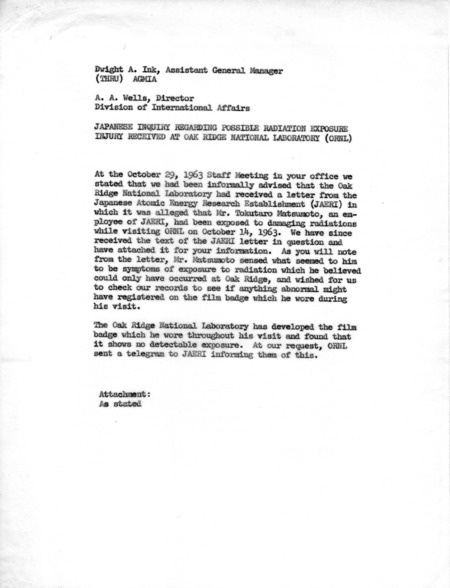 Annotation: Japanese inquiry regarding possible radiation exposure injury received at Oak Ridge National Laboratory (ORNL)