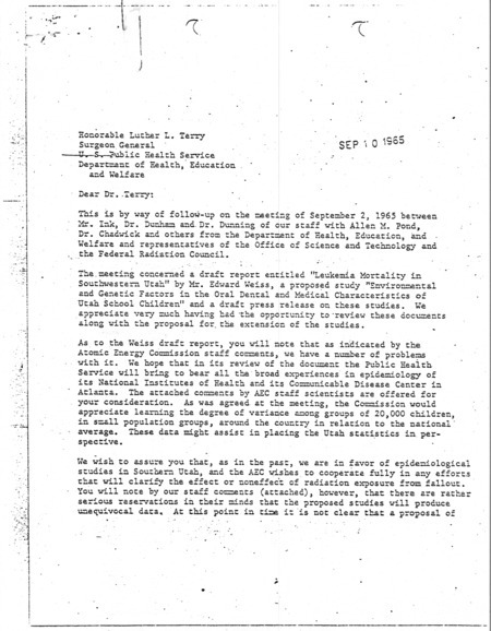 Dwight A. Ink letter to Dr. Luther L. Terry, September 10, 1965