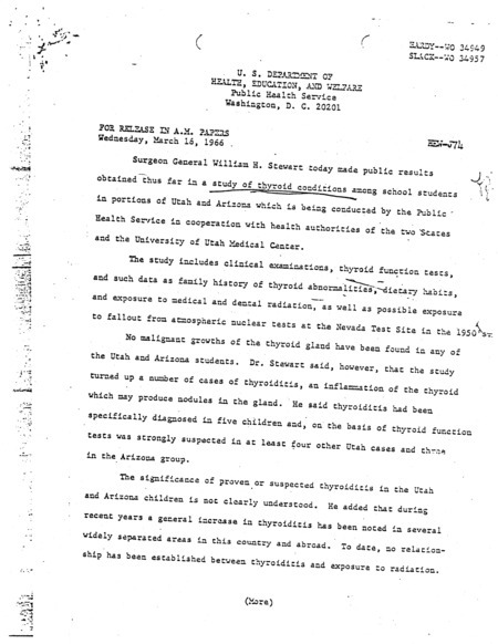 Annotation: For release in A.M. papers. Wednesday, March 16, 1966. HEW-/J74