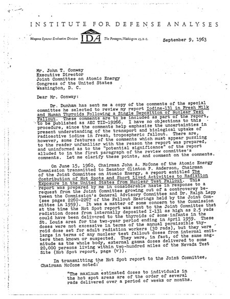 Harold A. Knapp letter to John T. Conway, September 9, 1963