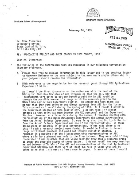 Annotation: Radioactive fallout and sheep deaths in iron county, 1953