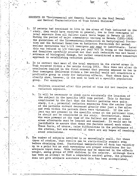 Dwight A. Ink letter to Dr. Luther L. Terry, [Attachment 1]: Comments on "Environmental and genetic factors in the oral dental and medical characteristics of Utah school children"