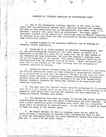 Dwight A. Ink letter to Dr. Luther L. Terry, [Attachment 2]: Comments on "Leukemia mortality in Southwestern Utah"