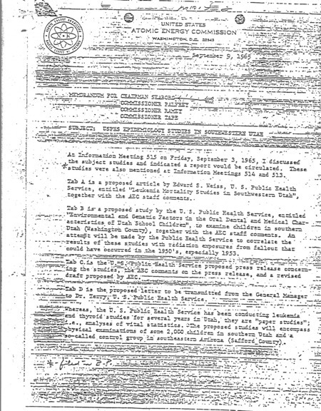 Annotation: Subject: USPHS [United States Public Health Service] epidemiology studies in southern Utah