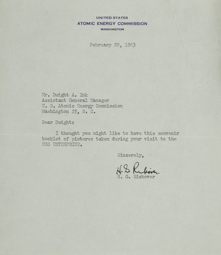 H. G. Rickover letter to Dwight Ink, February 28, 1963