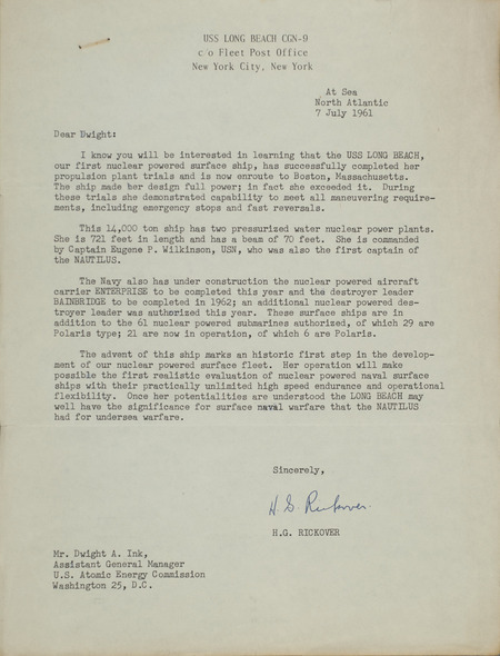 H. G. Rickover letter to Dwight Ink, July 7, 1961
