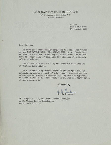H. G. Rickover letter to Dwight Ink, October 14, 1963