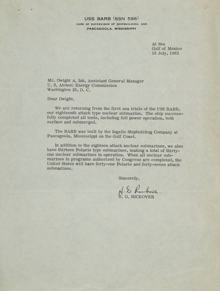 H. G. Rickover letter to Dwight Ink, July 16, 1963